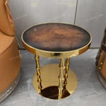 Round Burl Veneer Sofa Side Table with Segmented Gold Stainless Steel Columns and Circular Base
